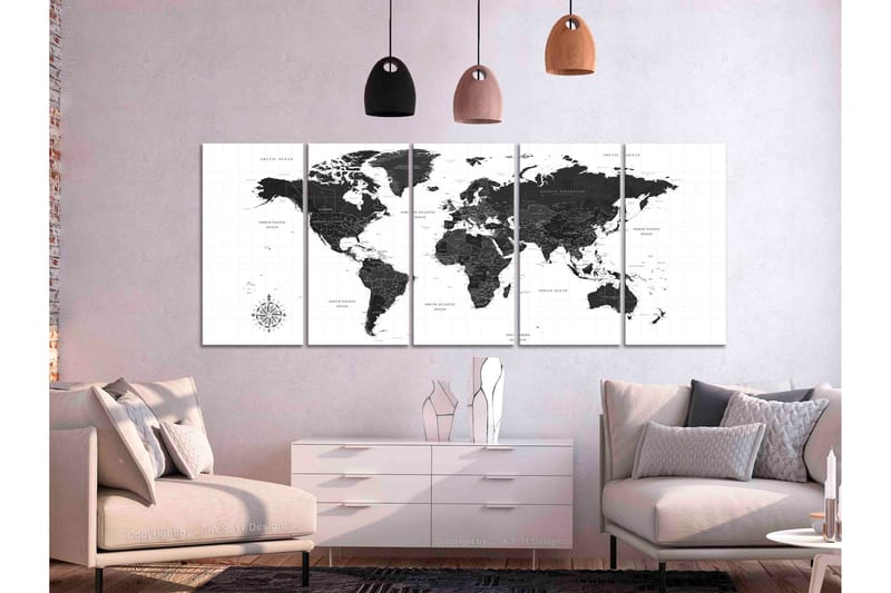 Billede Black And White Map 5 Parts Narrow 200x80 - Artgeist sp. z o. o. - Boligtilbehør - Billeder & kunst - Billeder på l�ærred