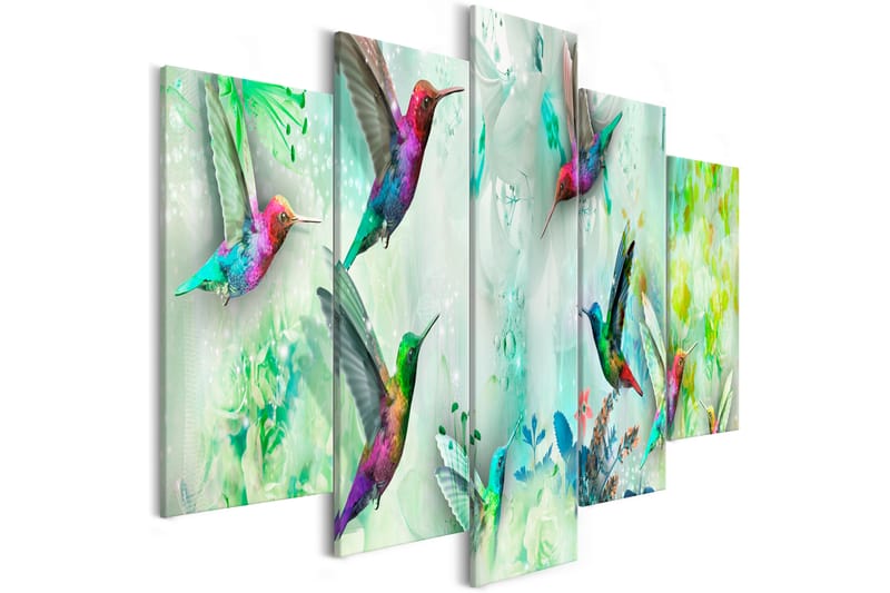 Billede Colourful Hummingbirds 5 Parts Wide Green 200x100 - Artgeist sp. z o. o. - Boligtilbehør - Billeder & kunst - Billeder på lærred