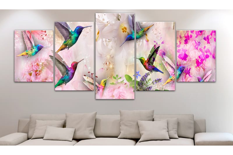 Billede Colourful Hummingbirds 5 Parts Wide Pink 200x100 - Artgeist sp. z o. o. - Boligtilbehør - Billeder & kunst - Billeder på lærred