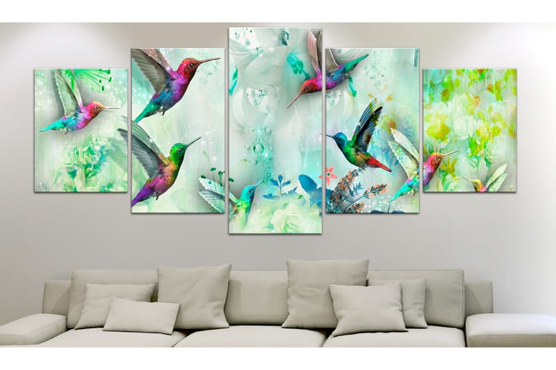 Billede Colourful Hummingbirds 5 Parts Wide Green 200x100 - Artgeist sp. z o. o. - Boligtilbehør - Billeder & kunst - Billeder på lærred