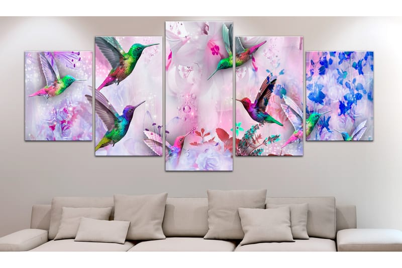 Billede Colourful Hummingbirds 5 Parts Wide Violet 200x100 - Artgeist sp. z o. o. - Boligtilbehør - Billeder & kunst - Billeder på lærred