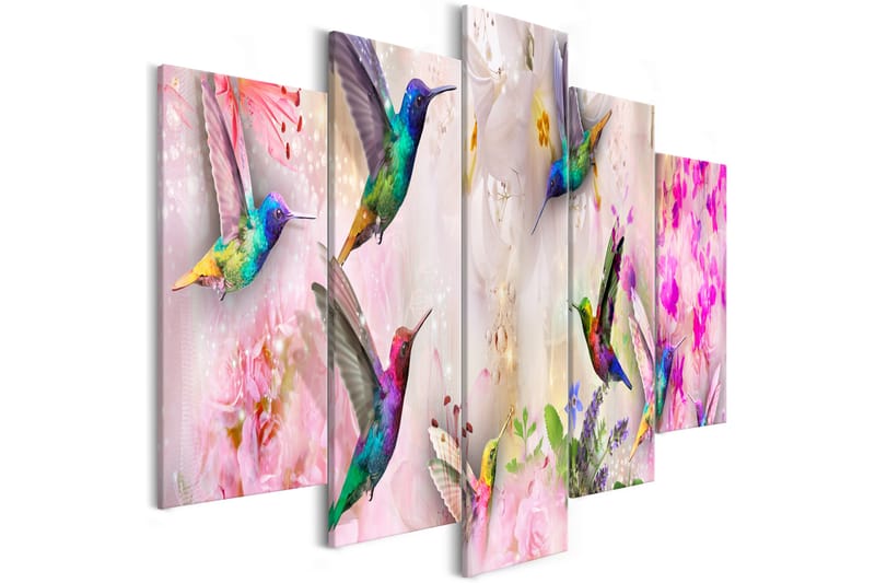 Billede Colourful Hummingbirds 5 Parts Wide Pink 200x100 - Artgeist sp. z o. o. - Boligtilbehør - Billeder & kunst - Billeder på lærred