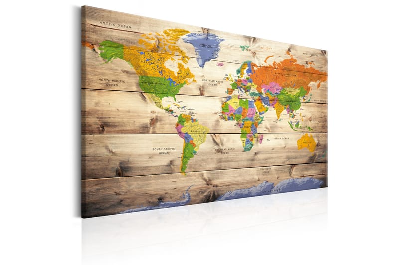 Billede Map on wood: Colourful Travels 60x40 - Artgeist sp. z o. o. - Boligtilbehør - Billeder & kunst - Billeder på lærred