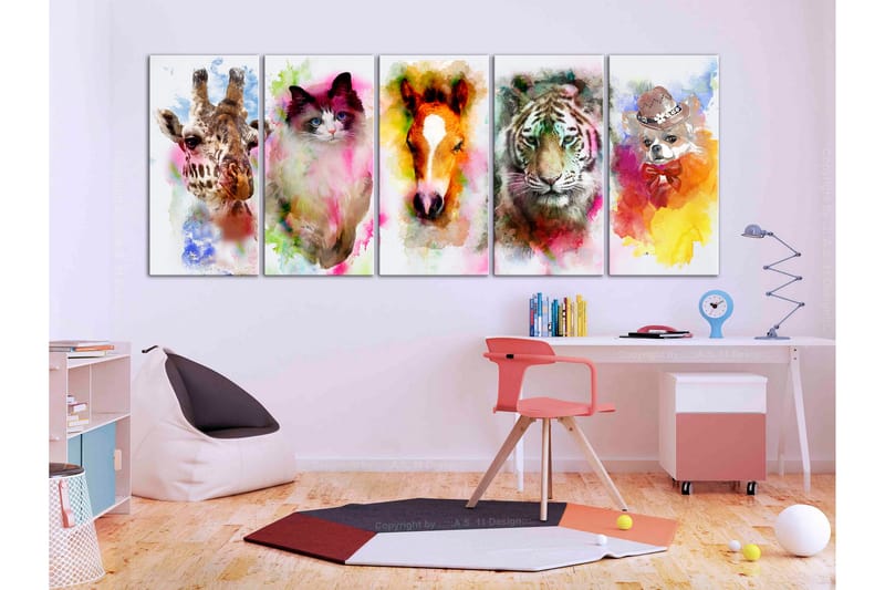 Billede Watercolour Animals 5 Parts Narrow 225x90 - Artgeist sp. z o. o. - Boligtilbehør - Billeder & kunst - Billeder på lærred