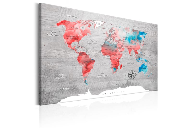 Billede World Map: Red Roam 120x80 - Artgeist sp. z o. o. - Boligtilbehør - Billeder & kunst - Billeder på lærred