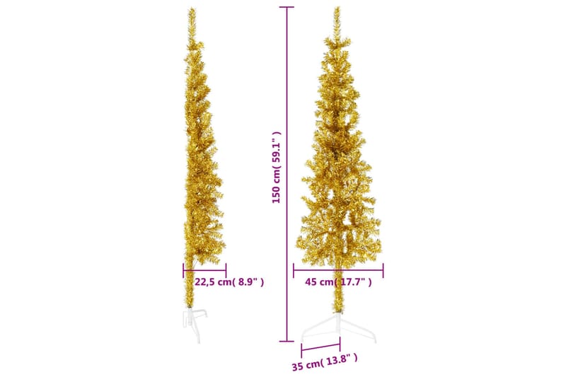 beBasic kunstigt halvt juletræ med juletræsfod 150 cm smalt guldfarvet - Boligtilbehør - Julepynt & højtidsdekorationer - Juelpynt og juledekoration - Plastik juletræ