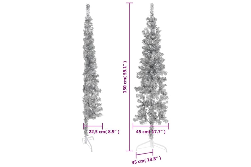 beBasic kunstigt halvt juletræ med juletræsfod 150 cm smalt sølvfarvet - Boligtilbehør - Julepynt & højtidsdekorationer - Juelpynt og juledekoration - Plastik juletræ