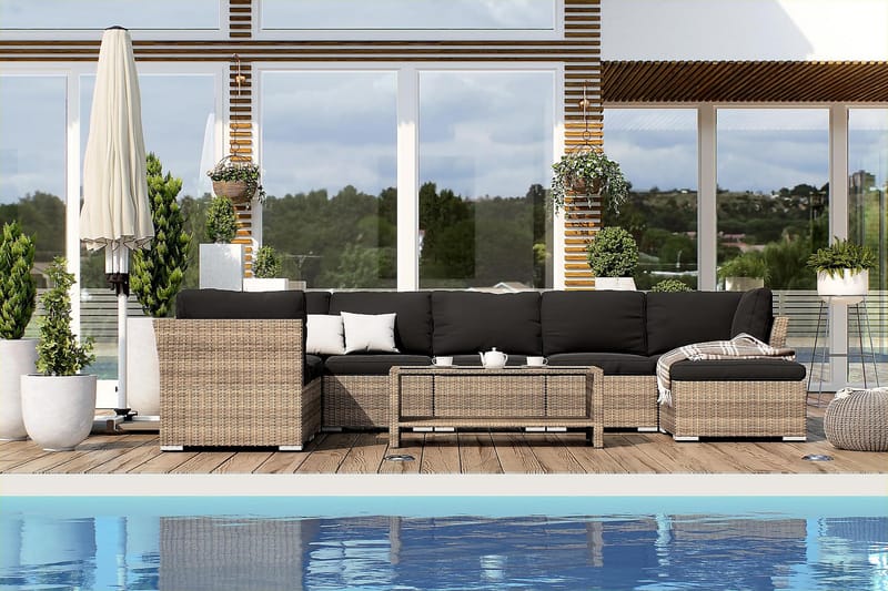 Wisconsin Premium Loungesæt 8-Pers. - Glas/Polyrattan/Sand/Sort - Have - Udendørs miljø - Altan & terrasse - Altanmøbler