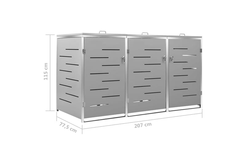 tredobbelt skraldespandsskjuler 207x77,5x115cm rustfrit stål - Grå - Have - Udestue & fritidshus - Opbevaringsskur & haveskur - Skraldespandsskjuler