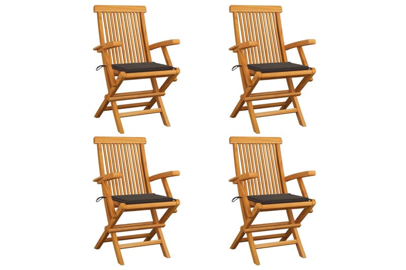 Havestole med gråbrune hynder 4 stk. massivt teaktræ - Gråbrun - Havemøbler børn - Positionsstole