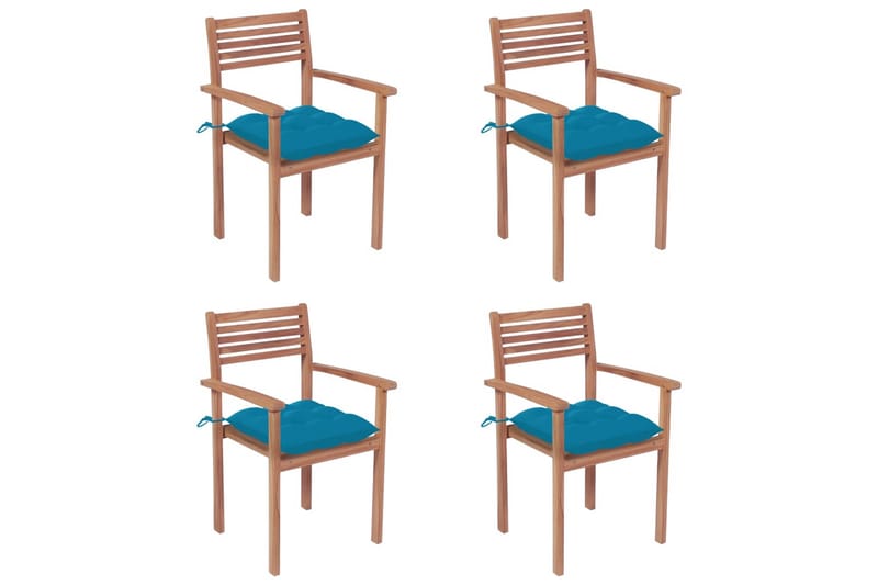 Havestole 4 Stk. Med Lyseblå Hynder massivt teaktræ - Spisebordsstole udendørs - Altanstole