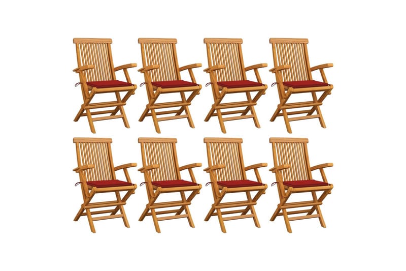 havestole med røde hynder 8 stk. massivt teaktræ - Brun - Spisebordsstole udendørs - Altanstole
