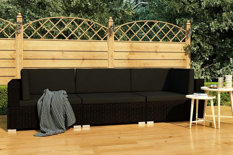 havesofasæt 3 dele med hynder polyrattan sort - Sort - Havemøbler - Loungemøbler - Loungesæt