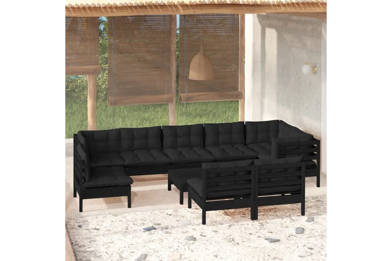 loungesæt til haven 10 dele med hynder massivt fyrretræ sort - Sort - Altanmøbler - Sofagrupper udendørs - Loungesæt