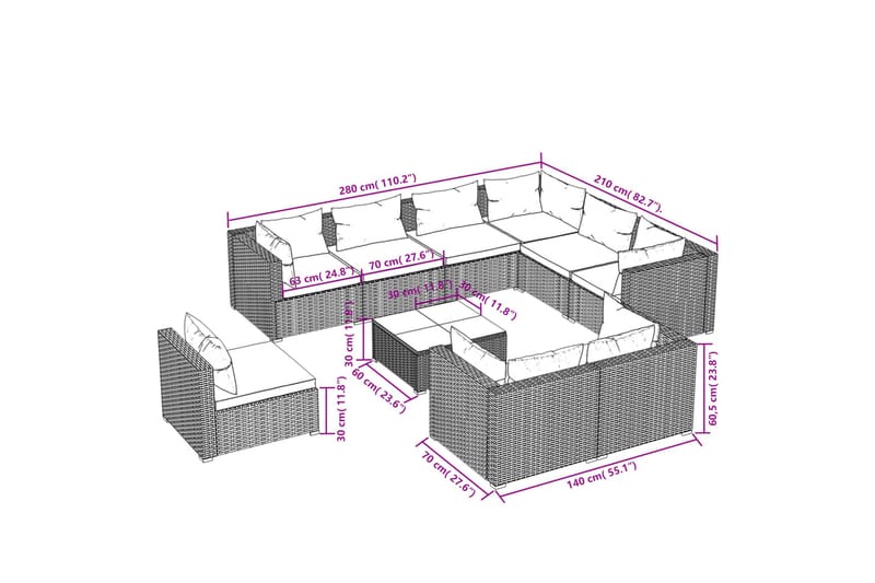 loungesæt til haven 10 dele med hynder polyrattan brun - Brun - Havemøbler - Loungemøbler - Loungesæt