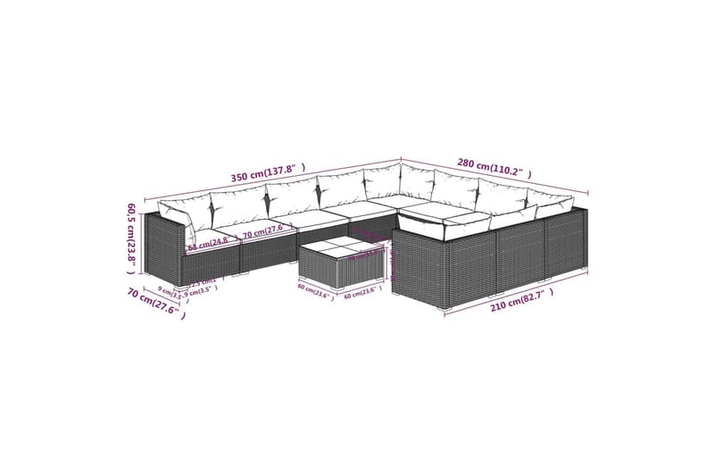 loungesæt til haven 11 dele med hynder polyrattan brun - Brun - Havemøbler - Loungemøbler - Loungesæt