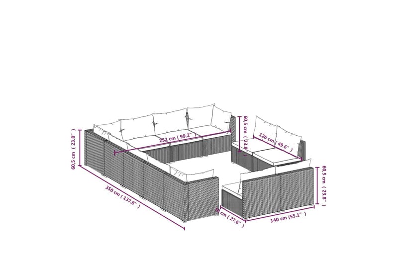 loungesæt til haven 12 dele med hynder polyrattan brun - Brun - Havemøbler - Loungemøbler - Loungesæt