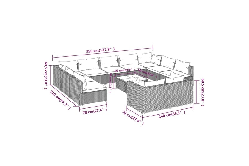 loungesæt til haven 12 dele med hynder polyrattan brun - Brun - Havemøbler - Loungemøbler - Loungesæt