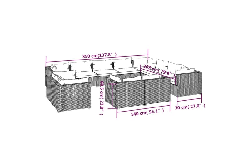 loungesæt til haven 12 dele med hynder polyrattan brun - Brun - Havemøbler - Loungemøbler - Loungesæt