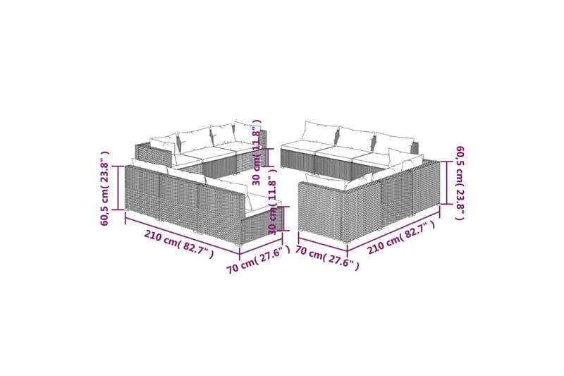 loungesæt til haven 12 dele med hynder polyrattan brun - Brun - Havemøbler - Loungemøbler - Loungesæt