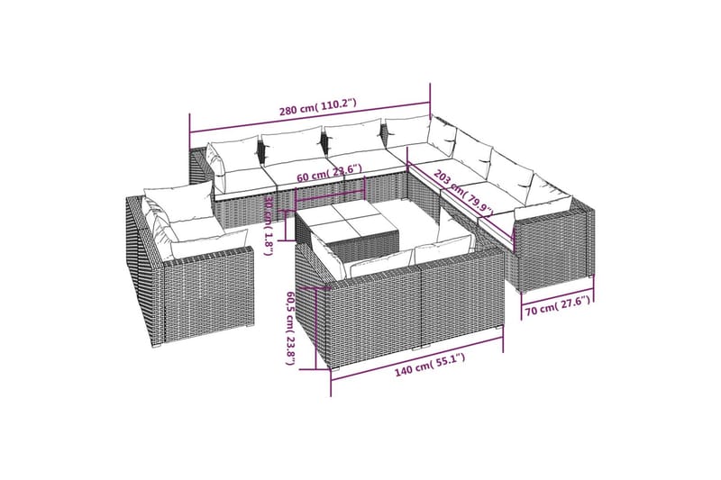 loungesæt til haven 12 dele med hynder polyrattan brun - Brun - Havemøbler - Loungemøbler - Loungesæt