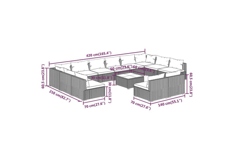 loungesæt til haven 13 dele med hynder polyrattan brun - Brun - Havemøbler - Loungemøbler - Loungesæt