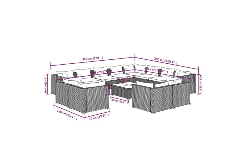loungesæt til haven 13 dele med hynder polyrattan brun - Brun - Havemøbler - Loungemøbler - Loungesæt