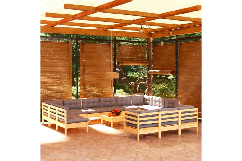 loungesæt til haven 14 dele med grå hynder fyrretræ - Grå - Altanmøbler - Sofagrupper udendørs - Loungesæt