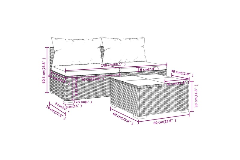 loungesæt til haven 3 dele med hynder polyrattan brun - Brun - Havemøbler - Loungemøbler - Loungesæt