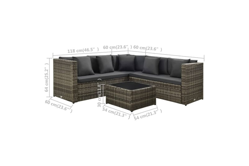 loungesæt til haven 4 dele med hynder polyrattan grå - Grå - Altanmøbler - Sofagrupper udendørs - Loungesæt