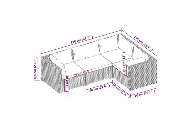 loungesæt til haven 4 dele med hynder polyrattan brun - Brun - Havemøbler - Loungemøbler - Loungesæt