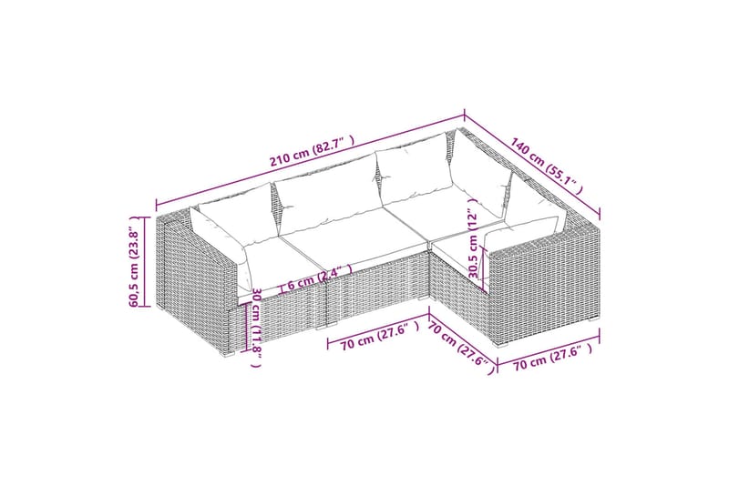 loungesæt til haven 4 dele med hynder polyrattan sort - Sort - Havemøbler - Loungemøbler - Loungesæt