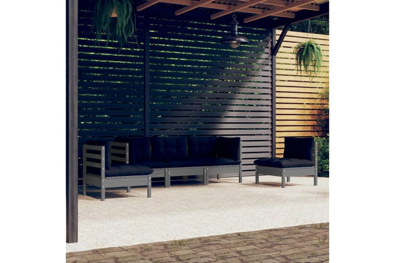 loungesæt til haven 5 dele med hynder massivt fyrretræ - Grå - Altanmøbler - Sofagrupper udendørs - Loungesæt