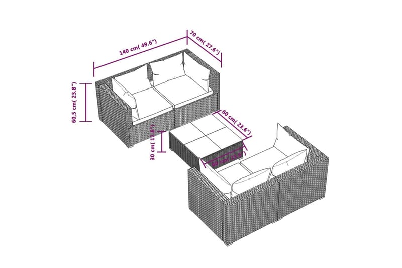 loungesæt til haven 5 dele med hynder polyrattan sort - Sort - Havemøbler - Loungemøbler - Loungesæt