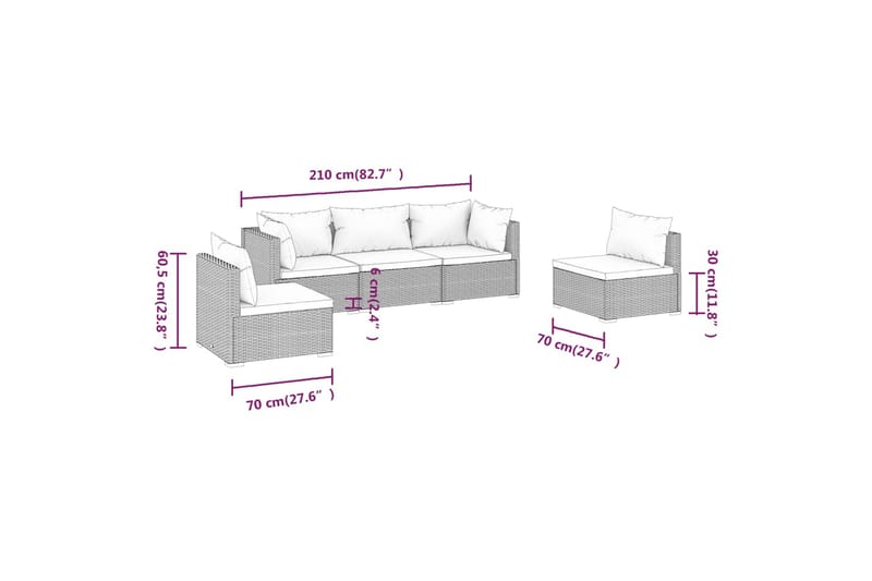 loungesæt til haven 5 dele med hynder polyrattan brun - Brun - Havemøbler - Loungemøbler - Loungesæt