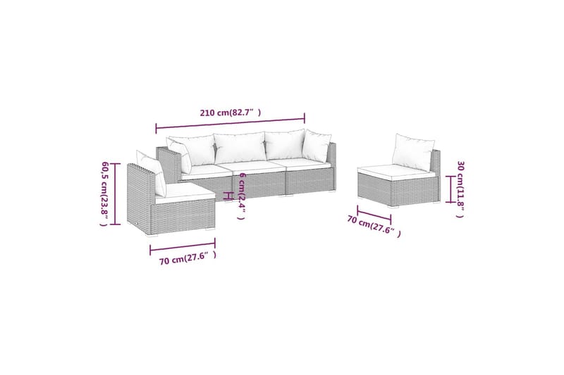 loungesæt til haven 5 dele med hynder polyrattan brun - Brun - Havemøbler - Loungemøbler - Loungesæt