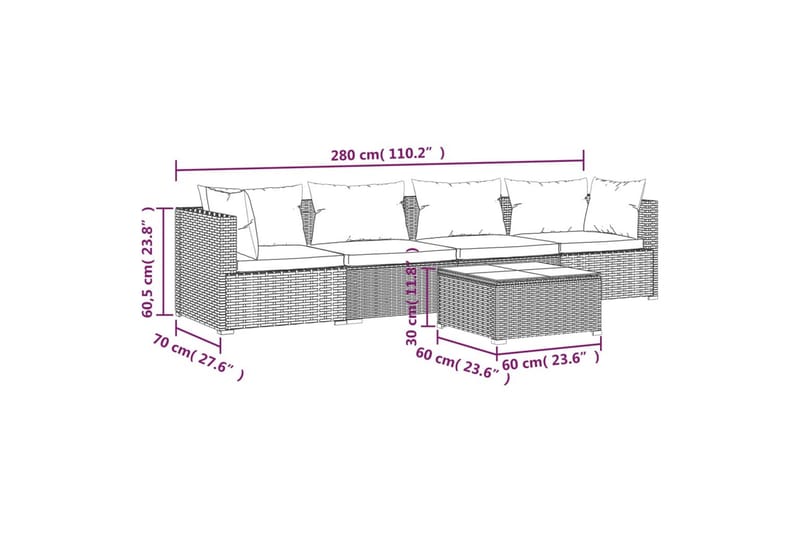 loungesæt til haven 5 dele med hynder polyrattan sort - Sort - Havemøbler - Loungemøbler - Loungesæt