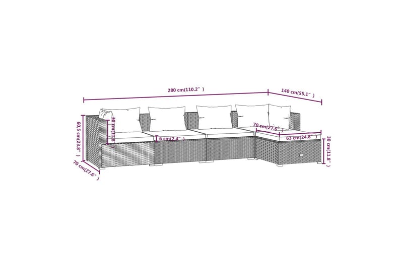 loungesæt til haven 5 dele med hynder polyrattan brun - Brun - Havemøbler - Loungemøbler - Loungesæt