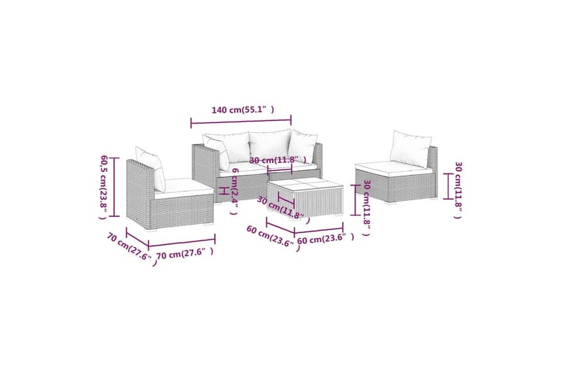 loungesæt til haven 5 dele med hynder polyrattan sort - Sort - Havemøbler - Loungemøbler - Loungesæt