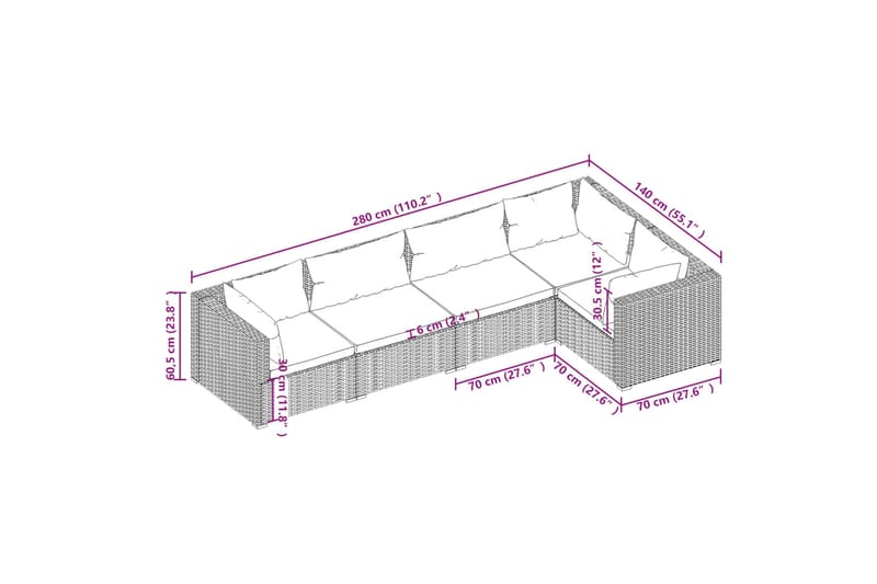 loungesæt til haven 5 dele med hynder polyrattan brun - Brun - Havemøbler - Loungemøbler - Loungesæt