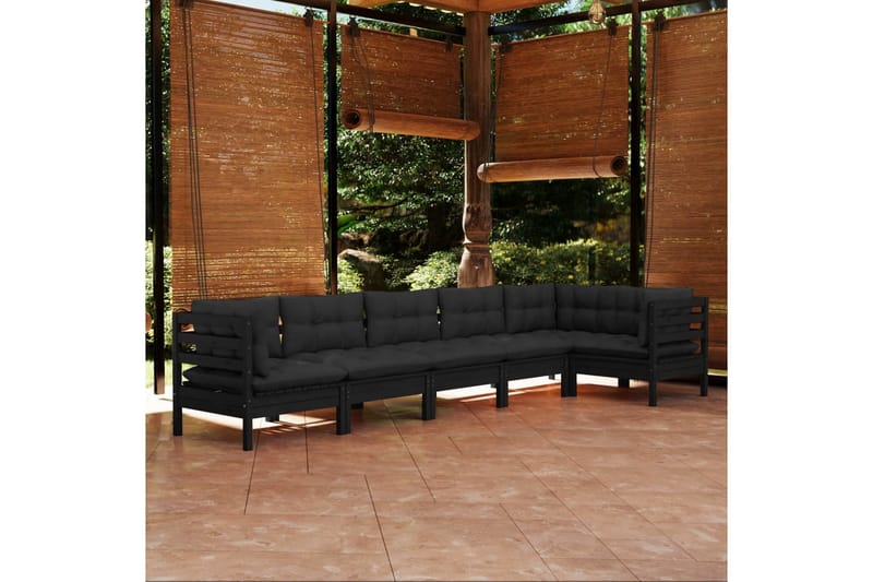 loungesæt til haven 6 dele med hynder fyrretræ sort - Sort - Altanmøbler - Sofagrupper udendørs - Loungesæt