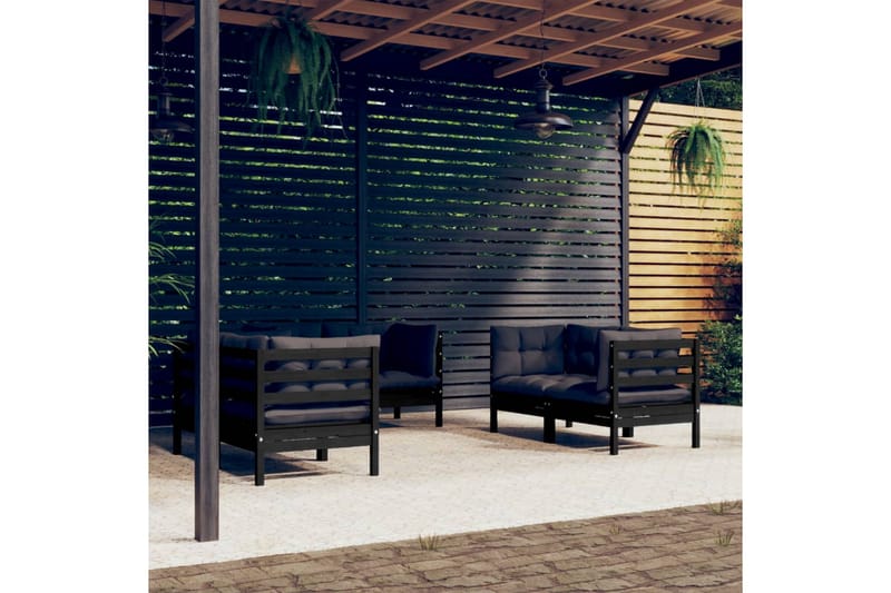 loungesæt til haven 6 dele med hynder massivt fyrretræ sort - Sort - Altanmøbler - Sofagrupper udendørs - Lounges�æt