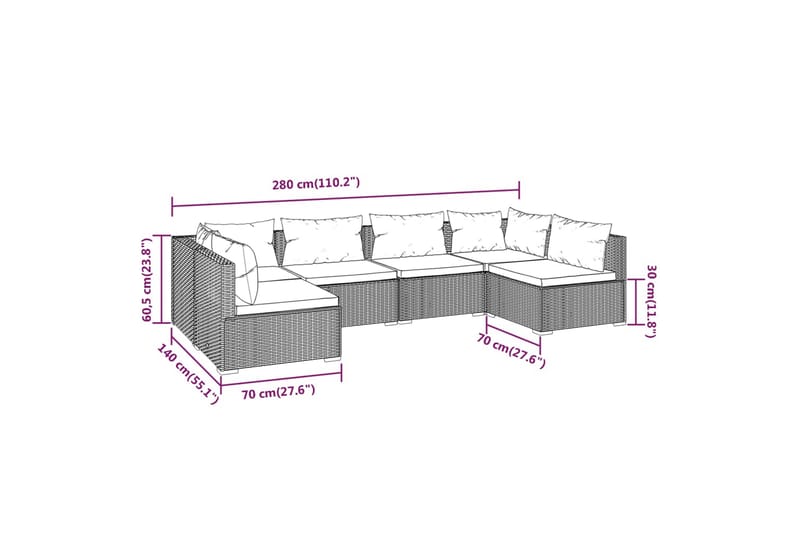 loungesæt til haven 6 dele med hynder polyrattan brun - Brun - Havemøbler - Loungemøbler - Loungesæt