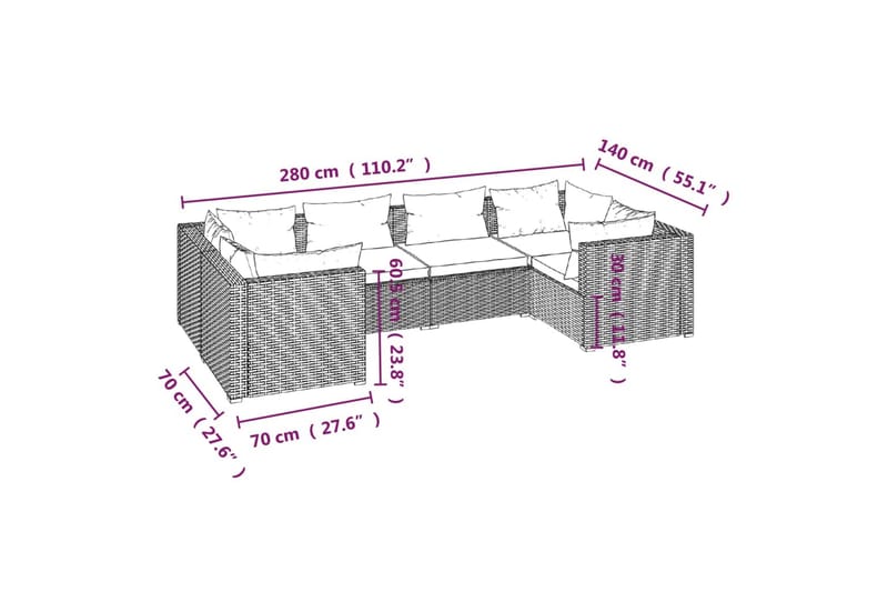 loungesæt til haven 6 dele med hynder polyrattan brun - Brun - Havemøbler - Loungemøbler - Loungesæt