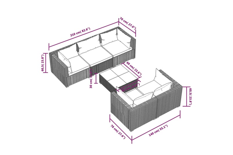 loungesæt til haven 6 dele med hynder polyrattan brun - Brun - Havemøbler - Loungemøbler - Loungesæt