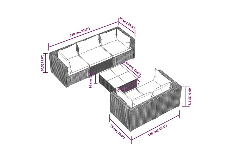 loungesæt til haven 6 dele med hynder polyrattan grå - Grå - Havemøbler - Loungemøbler - Loungesæt