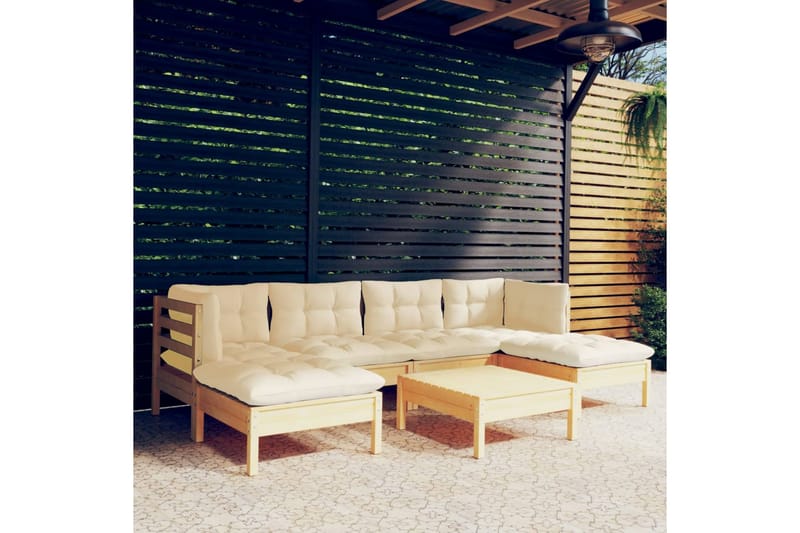 loungesæt til haven 7 dele med cremefarvede hynder fyrretræ - Creme - Altanmøbler - Sofagrupper udendørs - Loungesæt