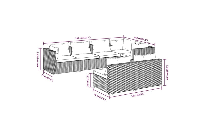 loungesæt til haven 7 dele med hynder polyrattan brun - Brun - Havemøbler - Loungemøbler - Loungesæt