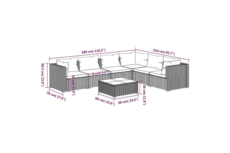 loungesæt til haven 7 dele med hynder polyrattan brun - Brun - Havemøbler - Loungemøbler - Loungesæt