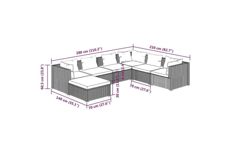 loungesæt til haven 7 dele med hynder polyrattan grå - Grå - Havemøbler - Loungemøbler - Loungesæt